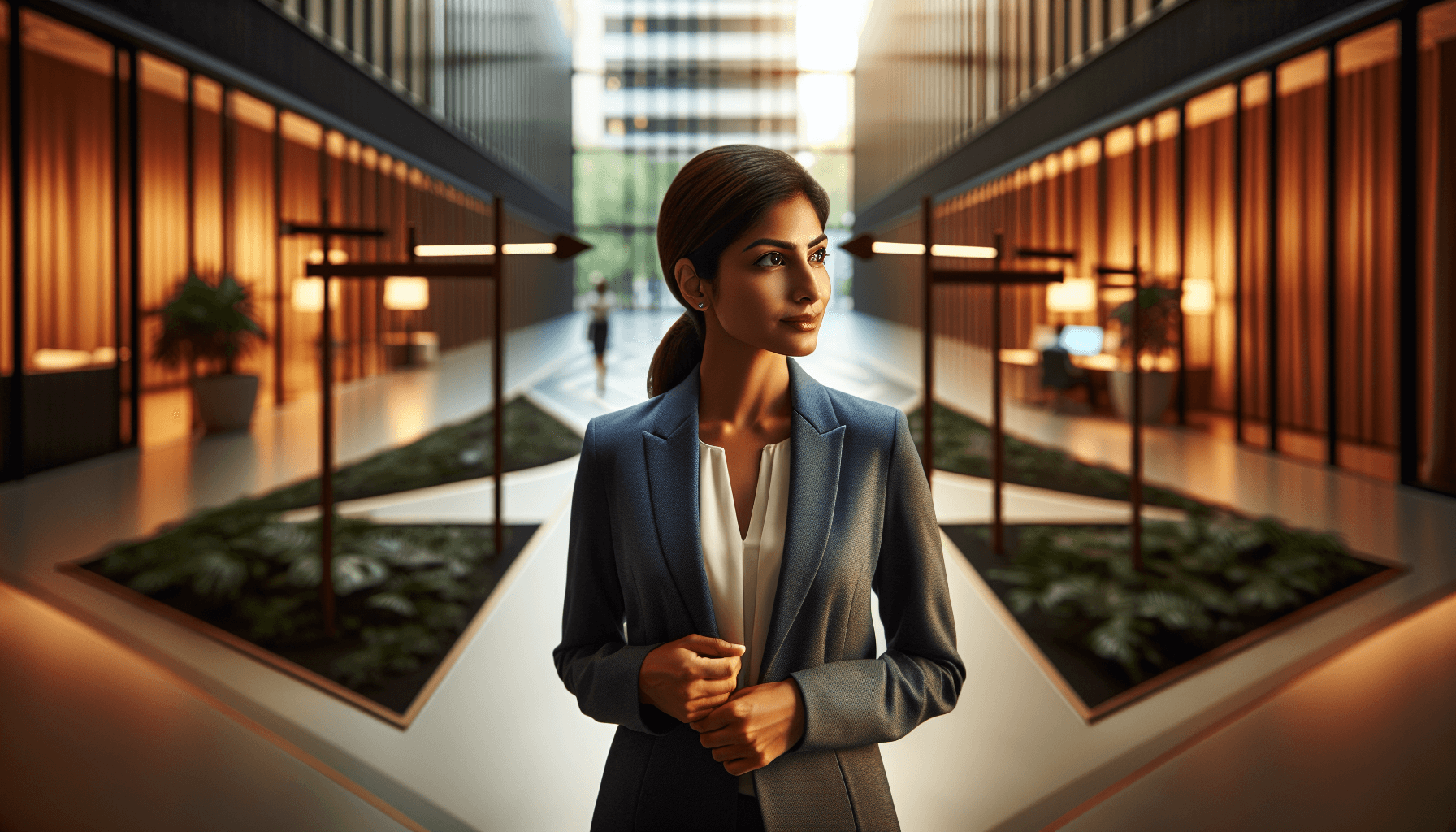 career pivot signs - professional woman at crossroads in modern office choosing between different career paths