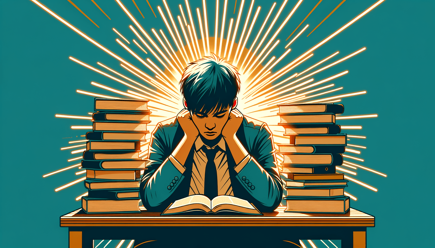college burnout and purpose - exhausted student at desk with golden light emerging representing rediscovered purpose and meaning