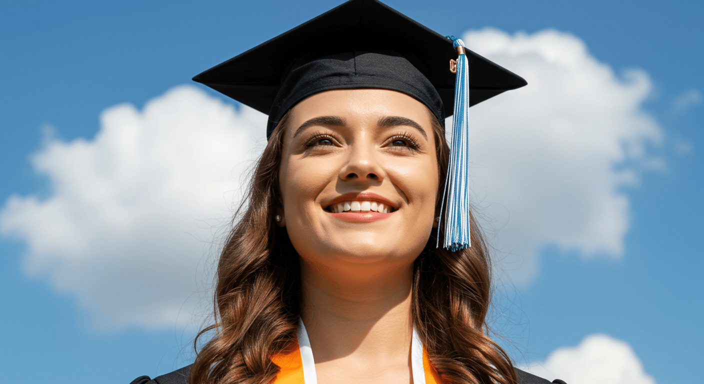 college major regret - confident young graduate looking hopefully toward the future against a bright blue sky, face in upper frame
