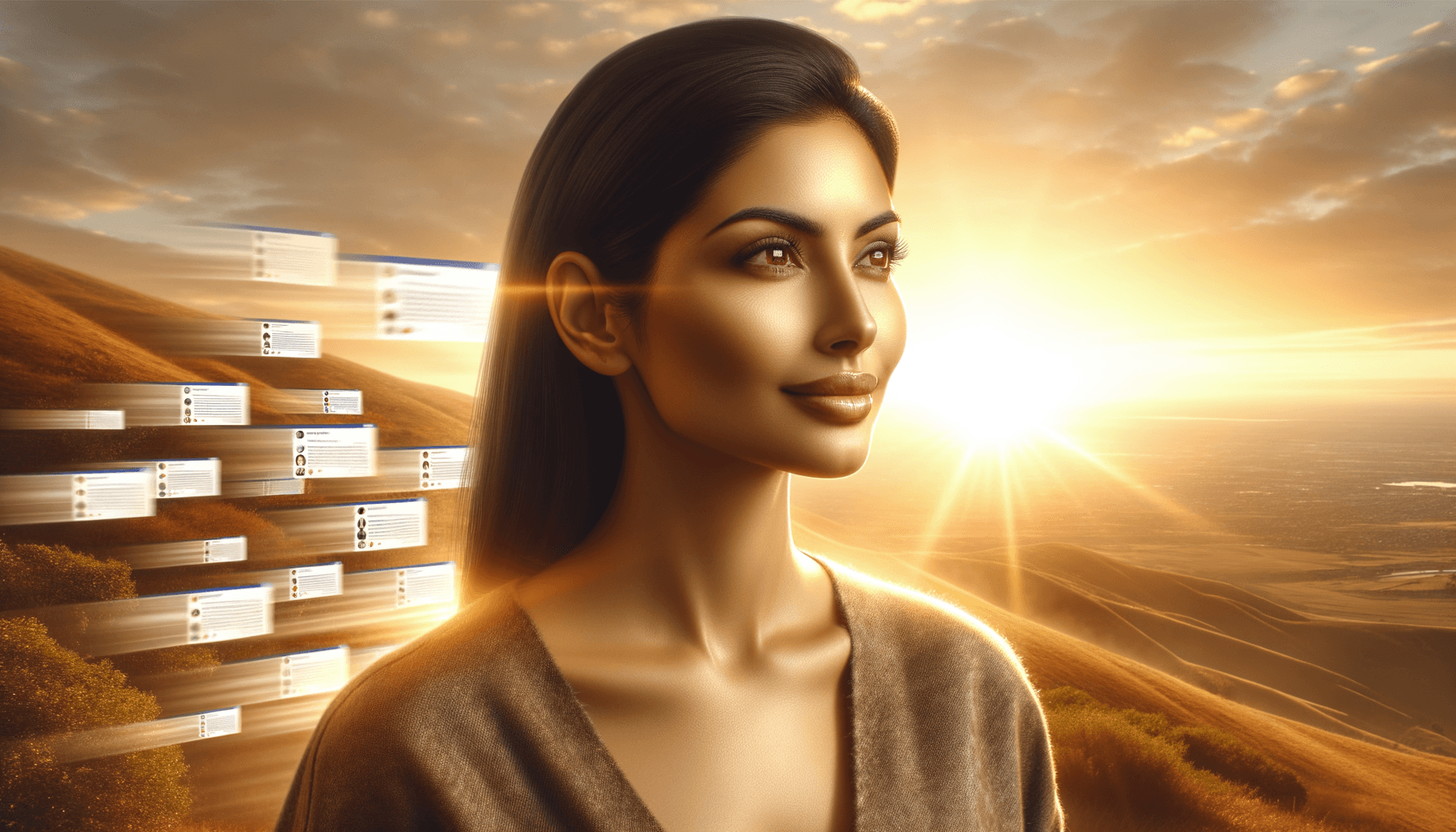 comparison trap purpose - confident woman on a sunlit hillside looking toward a bright horizon while social media feeds fade behind her