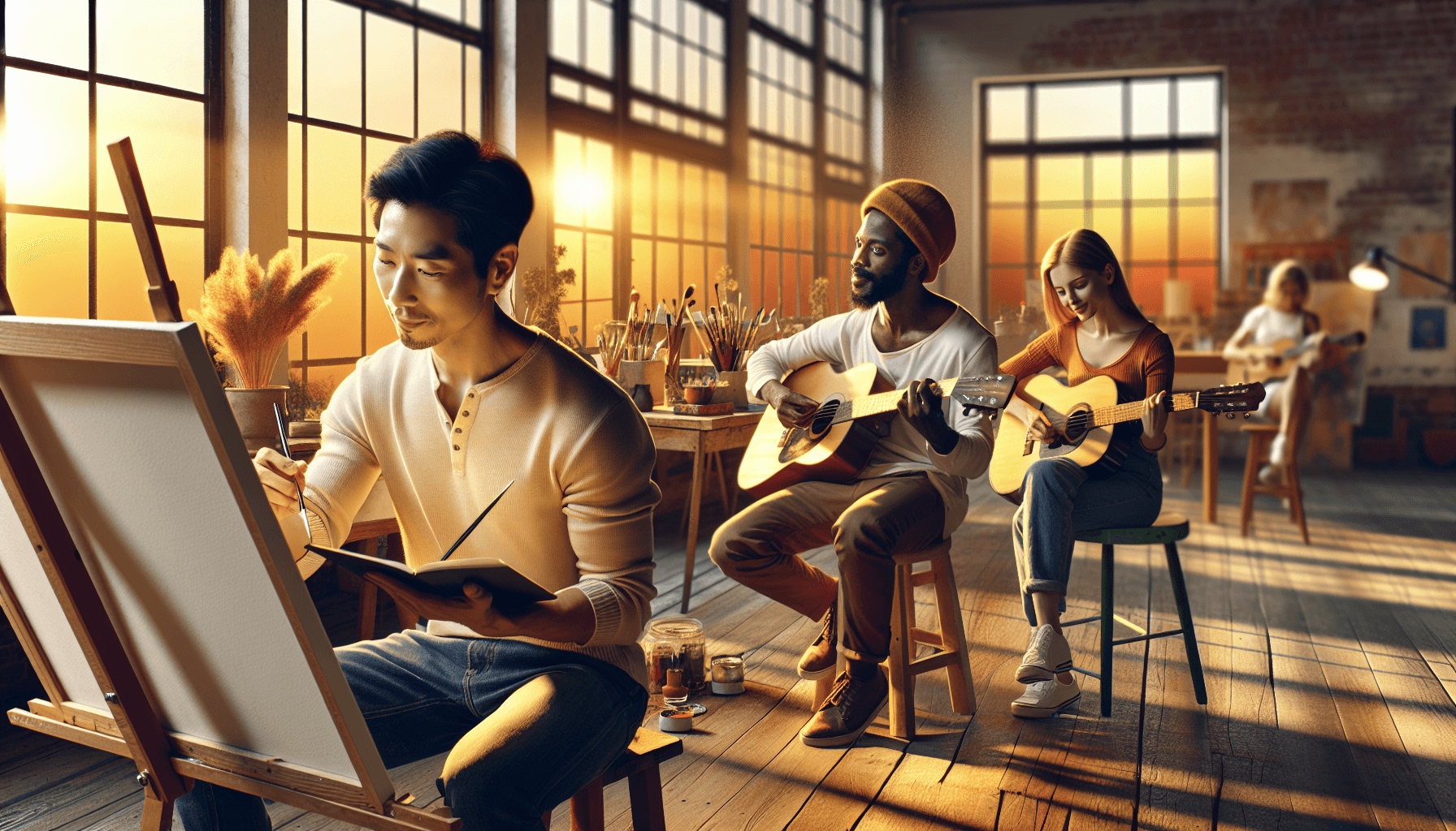 creative expression purpose - diverse group of people painting, writing, and playing music in a bright community art studio filled with natural light