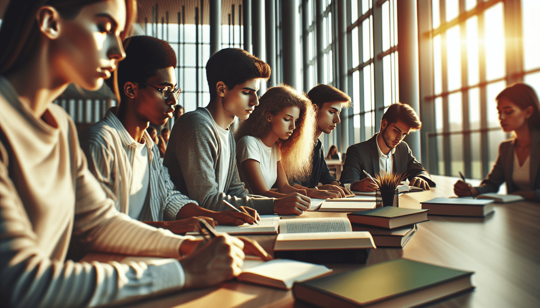 curiosity and purpose — diverse young adults exploring ideas together in a bright sunlit library space with books and golden light