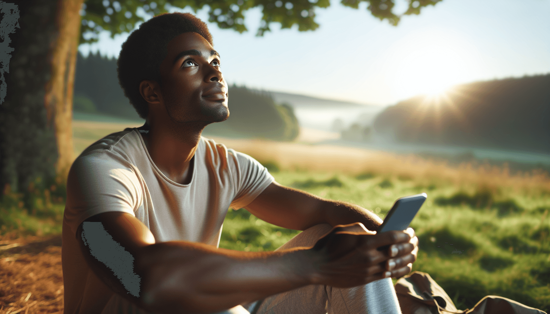 digital distraction and purpose - person setting down smartphone in peaceful natural setting looking up with contemplative expression, face in top third