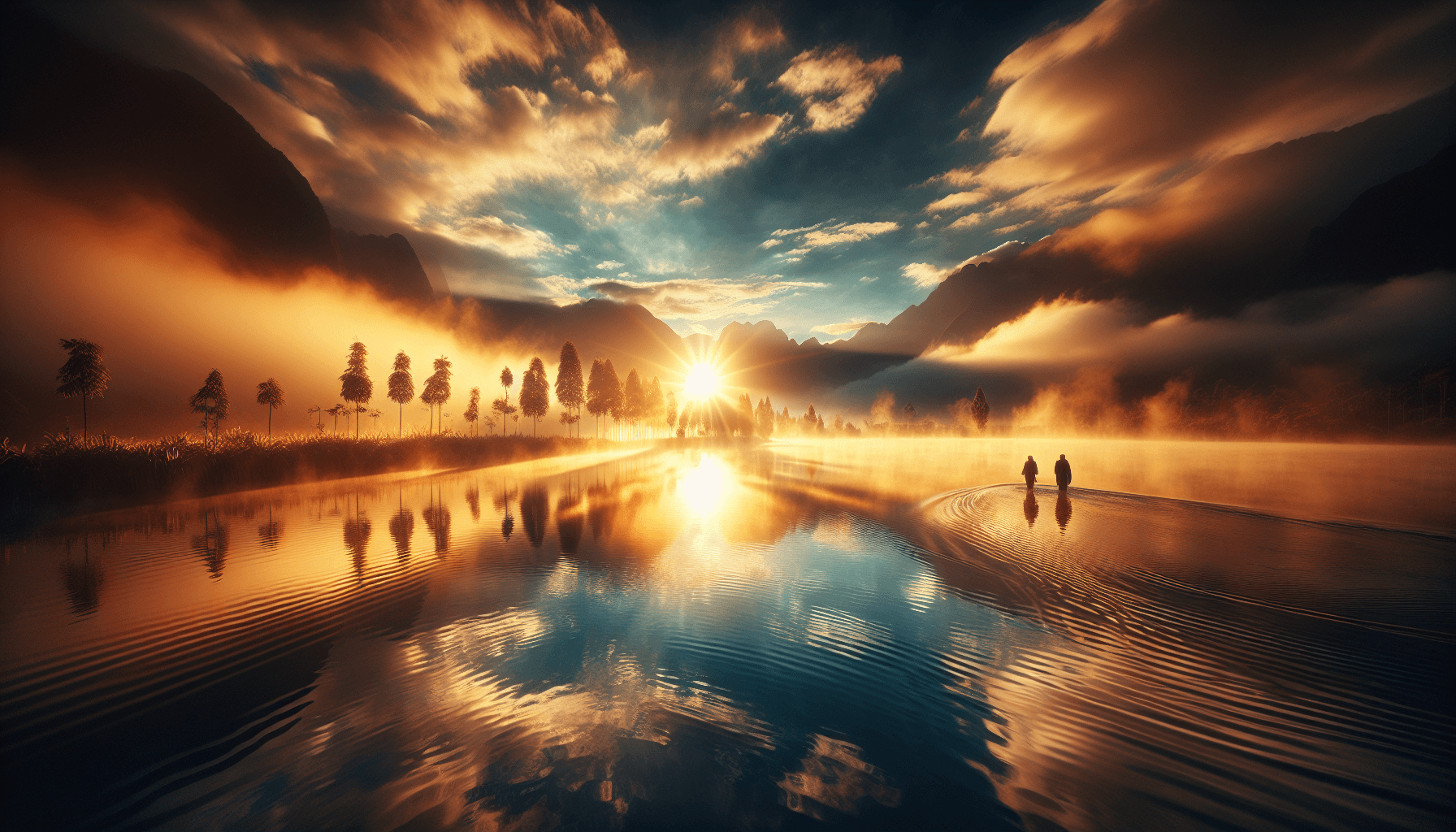emotional intelligence and purpose - warm sunrise over a calm lake with two people walking together along the shore reflecting on their direction in life