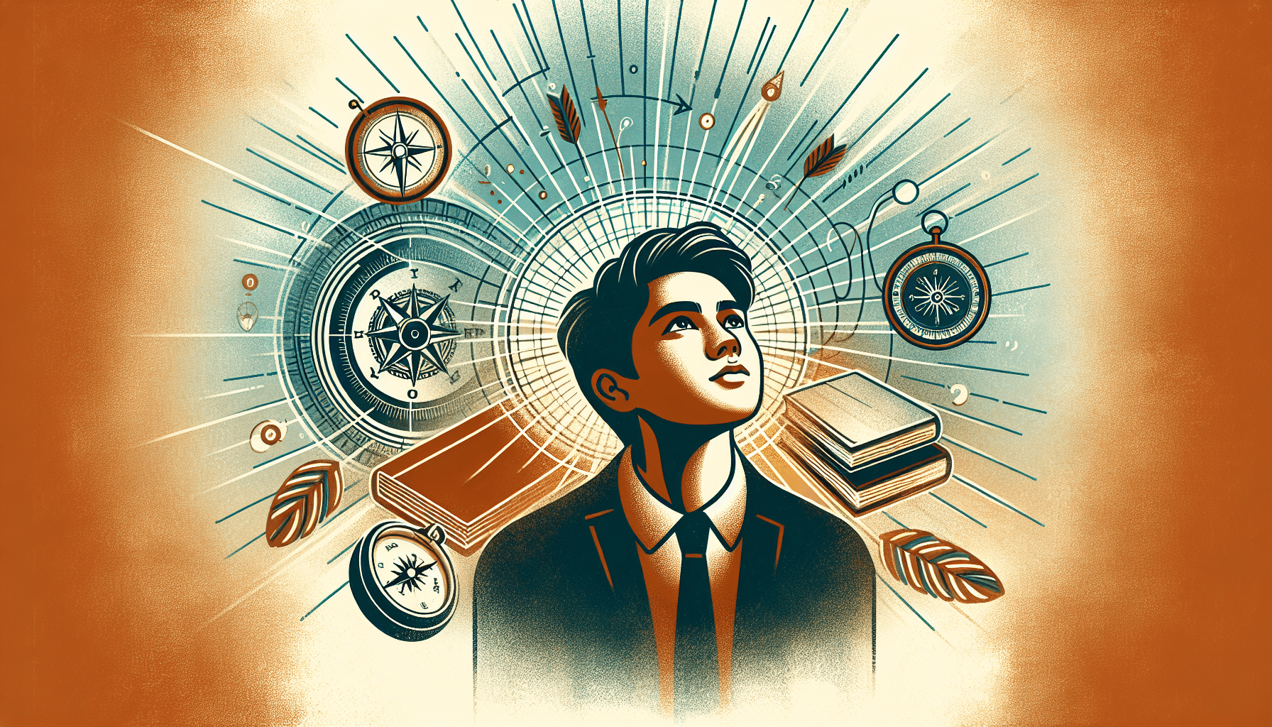 Finding purpose in college - student looking upward surrounded by symbols of learning and direction