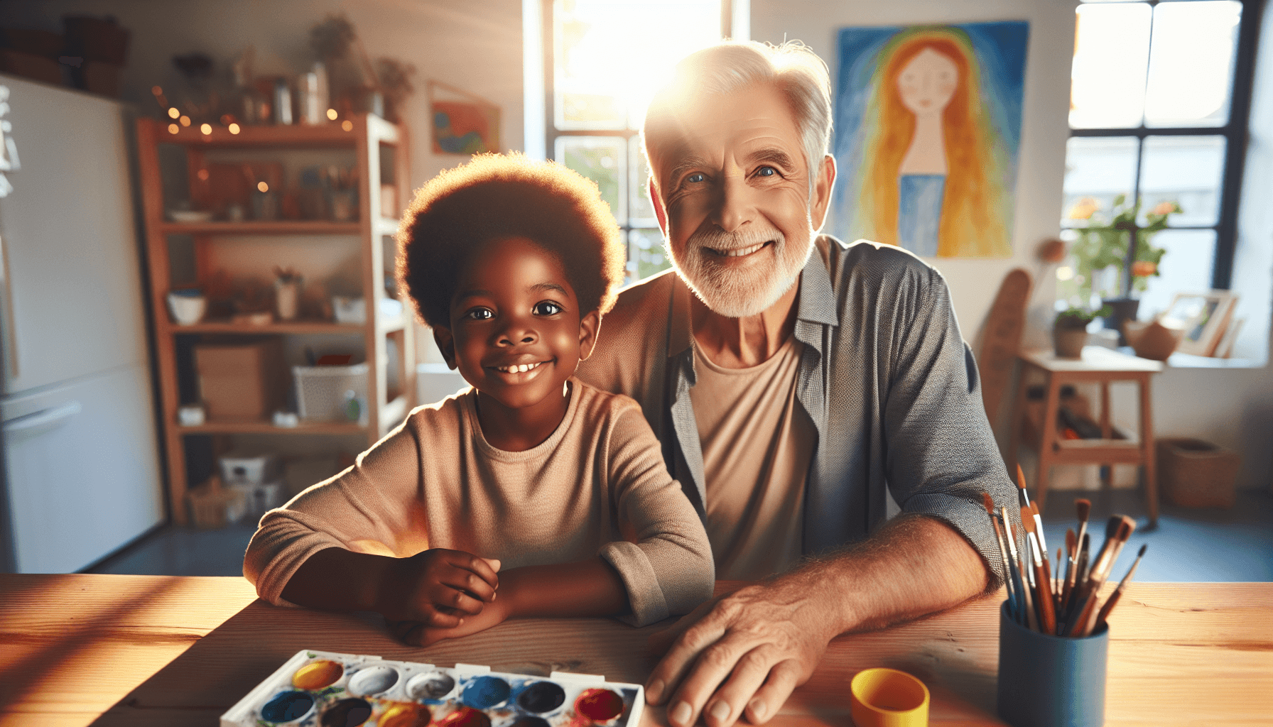 grandparenting with purpose — grandfather and grandchild creating art together at a bright sunlit table, warm golden light, intergenerational bond