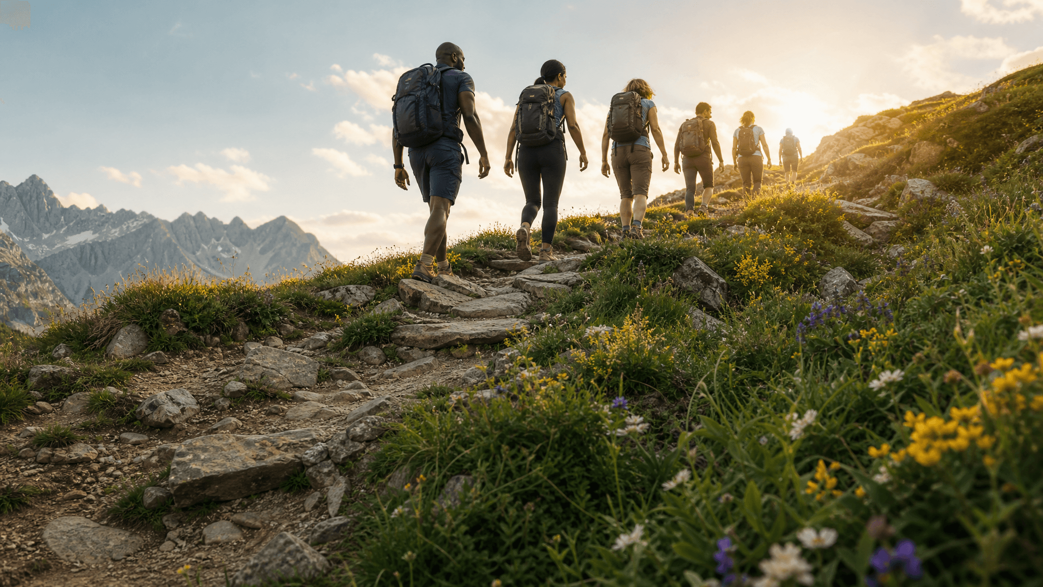 growth mindset and purpose - diverse group of people climbing a sunlit mountain path together, faces in top third, bright golden light symbolizing personal growth and purpose discovery