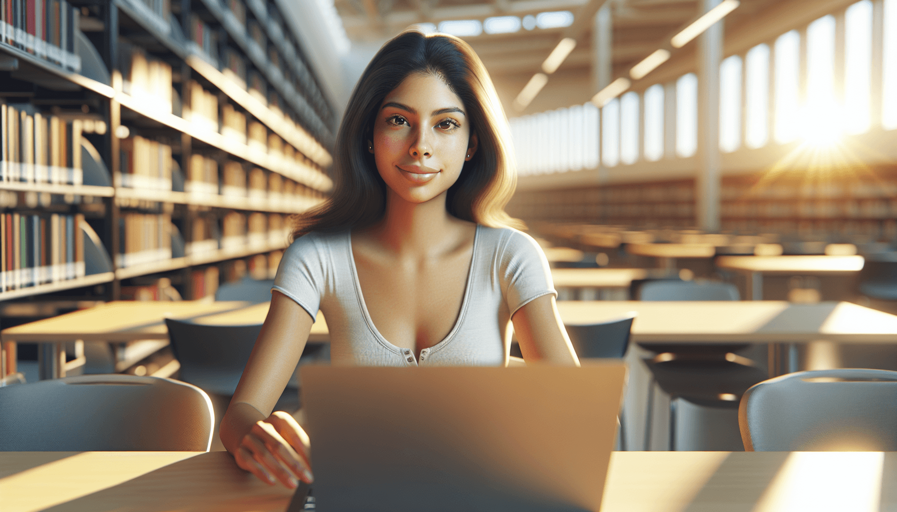 imposter syndrome in college - confident college student sitting at a laptop in a sunlit university library discovering her purpose