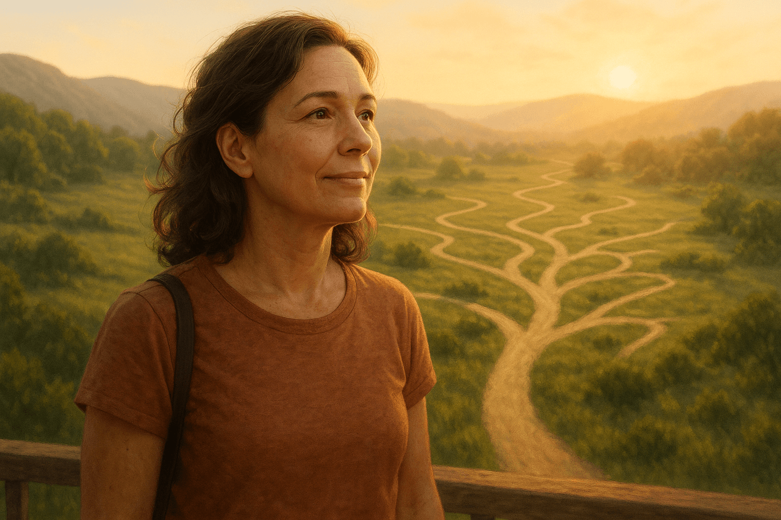 life transitions and purpose - woman standing at scenic overlook during golden hour looking at branching paths through a lush valley