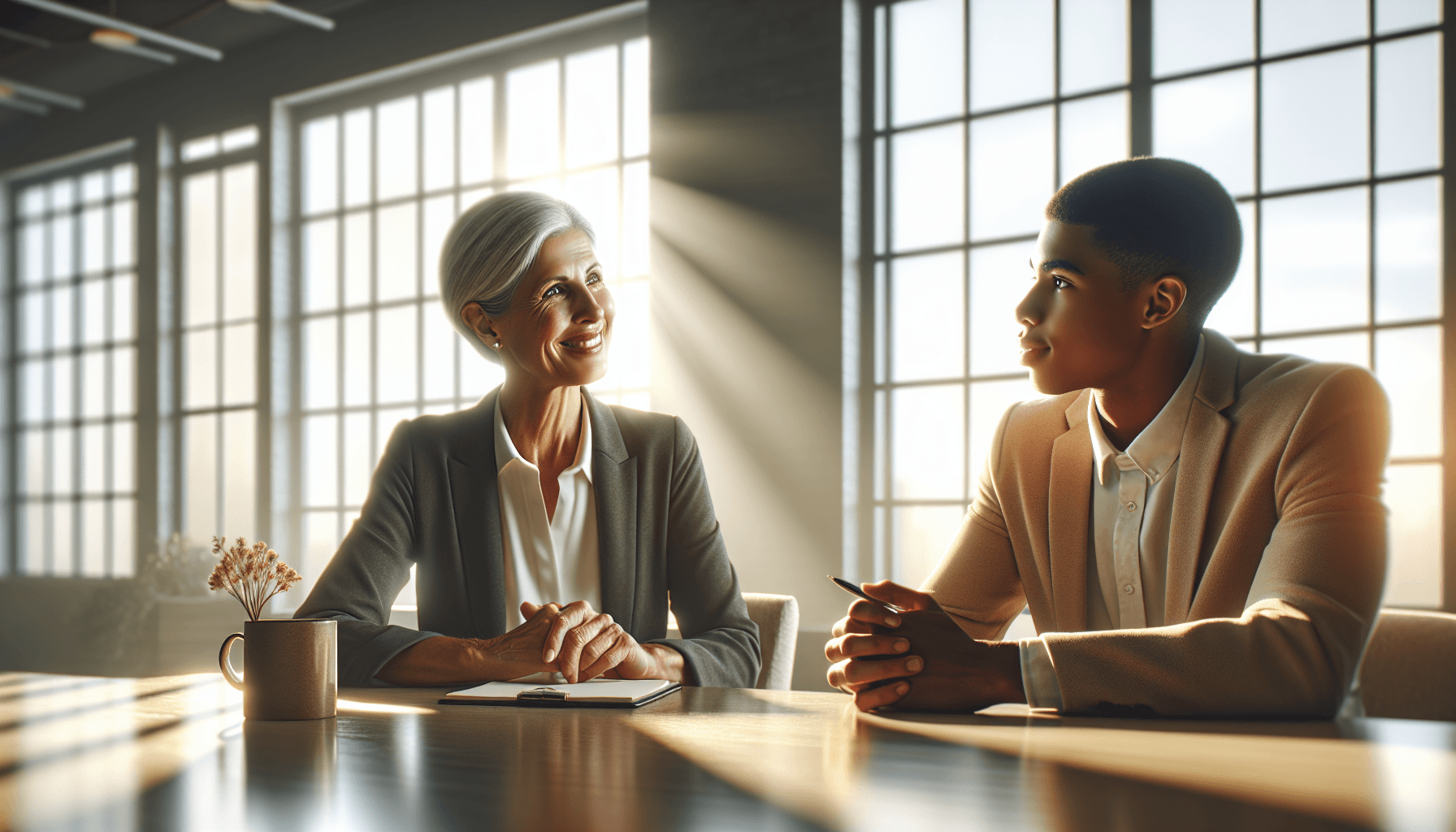 mentorship and purpose - experienced mentor and younger mentee in engaged conversation at a bright office table