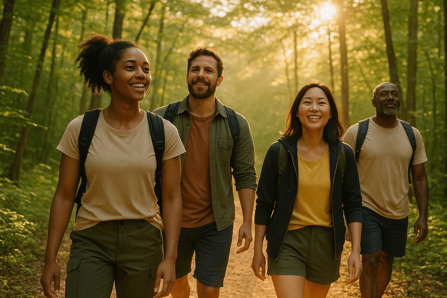 nature and purpose - diverse group of people walking together on a sunlit forest trail surrounded by lush green trees