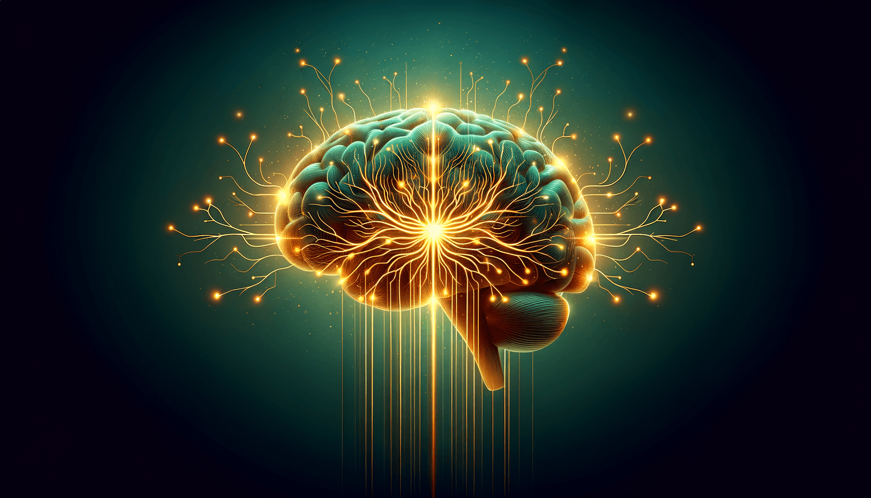 neuroplasticity and purpose - glowing brain with golden neural pathways lighting up to represent how finding meaning physically rewires neural connections