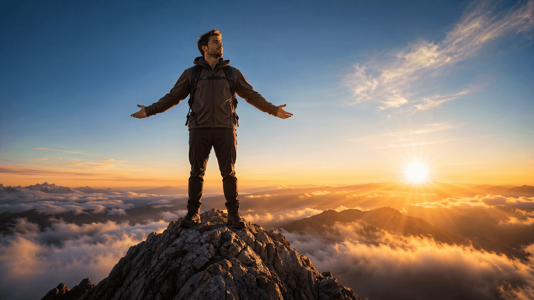 post-traumatic growth and purpose — a person emerging from darkness into golden sunrise light on a mountain summit, face visible in the upper frame