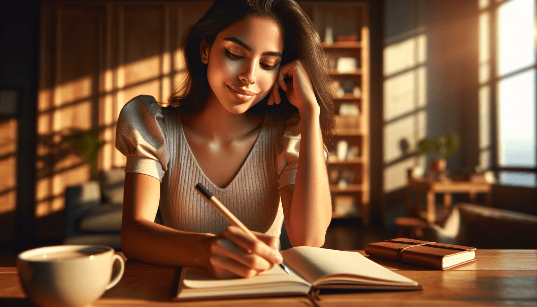 purpose-aligned habits - woman journaling at a sunlit desk during golden hour with a cup of tea, building daily purpose