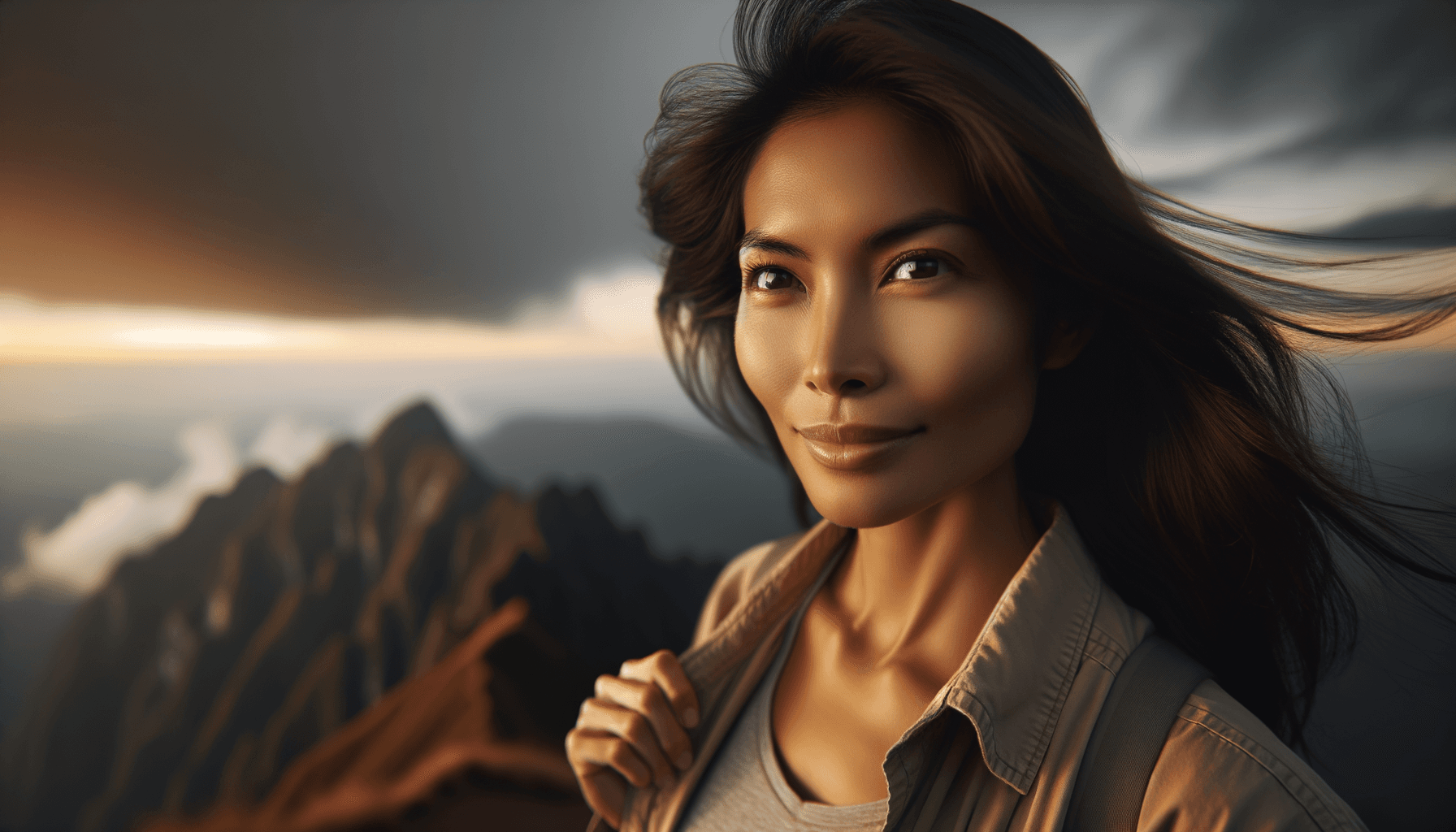 purpose and resilience - a determined woman standing on a mountain summit at golden hour with storm clouds clearing behind her