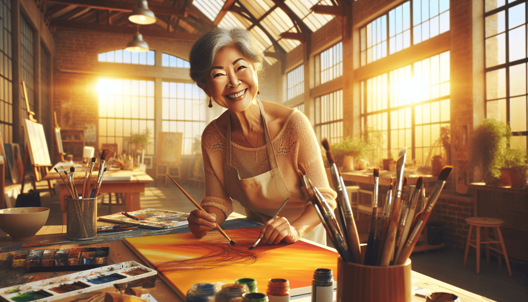 purpose and brain health - older woman joyfully painting in a bright sunlit art studio, engaged in purposeful creative activity