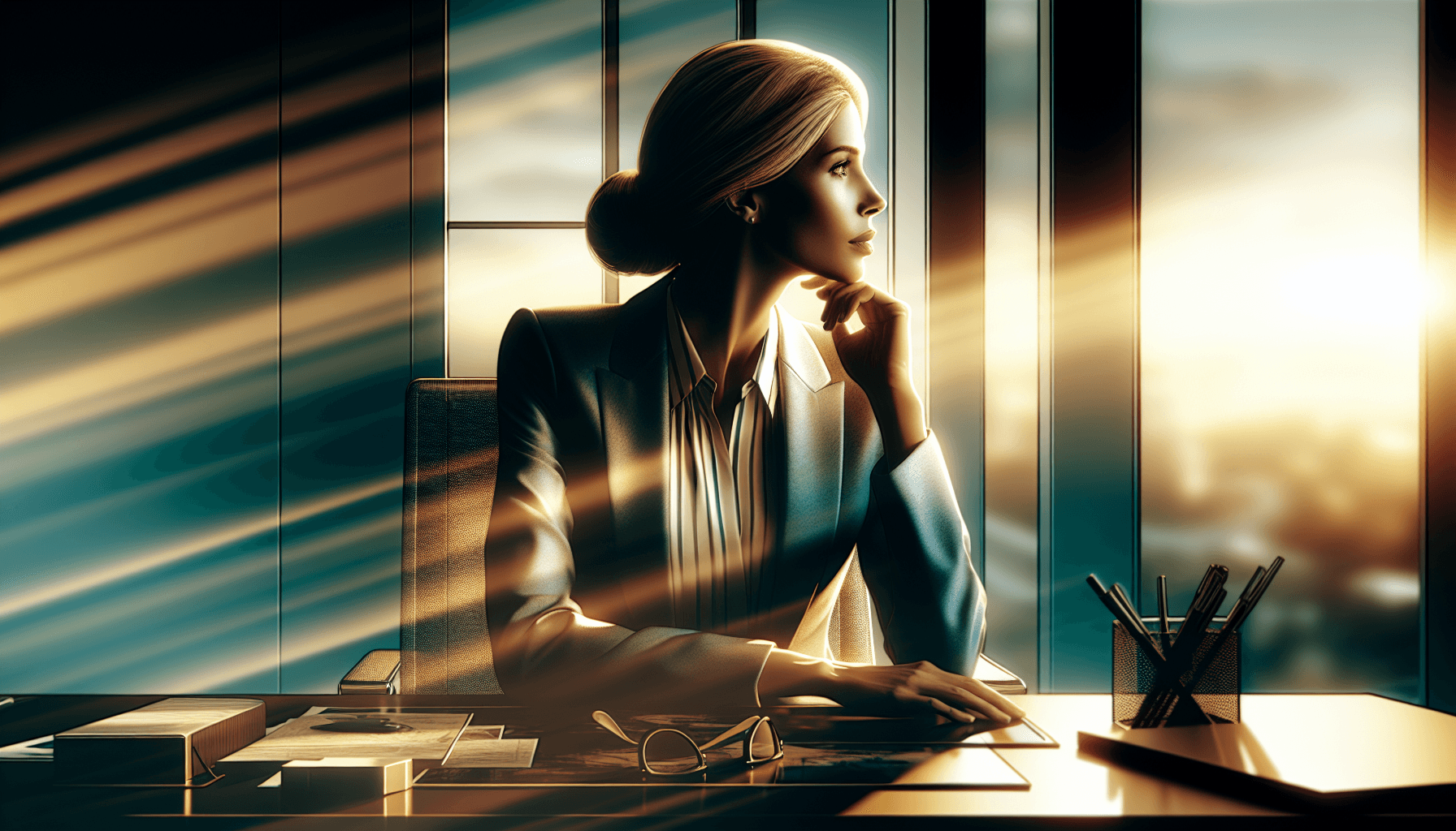 purpose in meaningless job — professional gazing thoughtfully out a bright office window, rediscovering direction and meaning at work