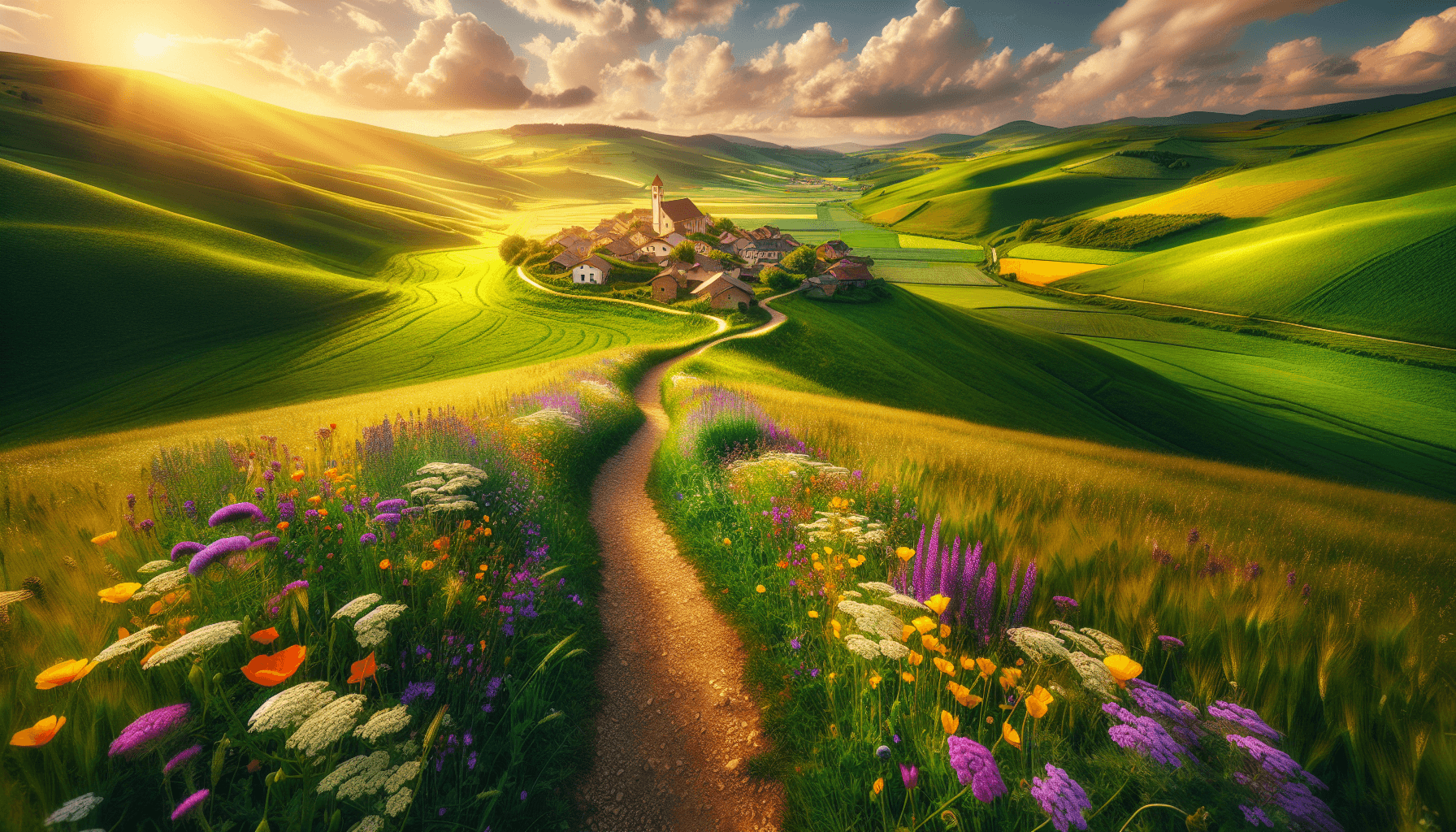purpose through service - a bright sunlit path through a meadow leading toward a welcoming village, symbolizing the journey of finding purpose through helping others