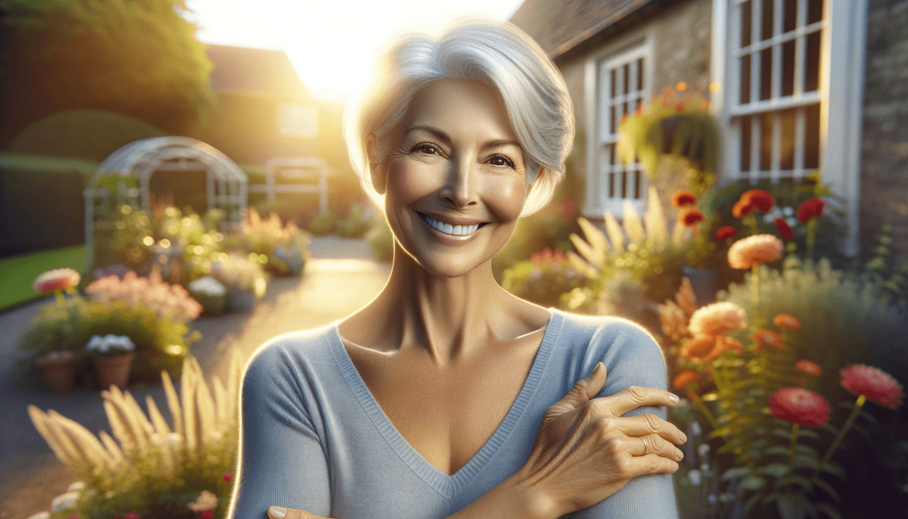 retirement identity - confident older woman smiling in a sunlit garden embracing a new chapter of purpose after career