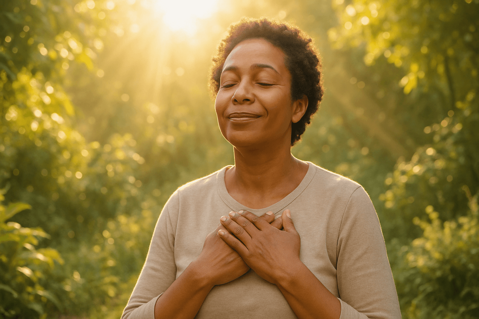 self-compassion and purpose — person sitting peacefully in a sunlit garden with hands over heart, golden morning light streaming through foliage, warm and uplifting