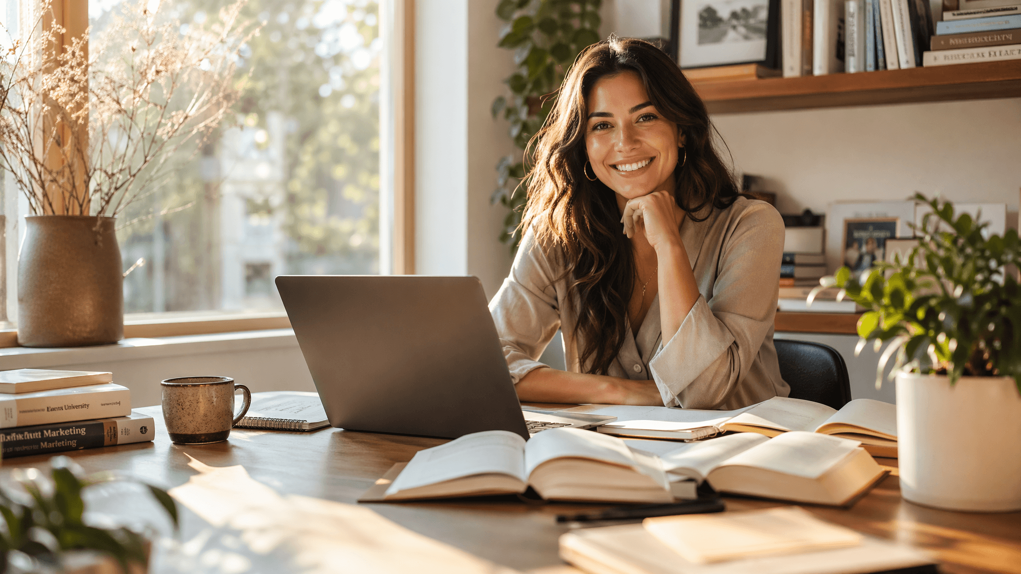 skills development and purpose — professional woman at bright modern desk with open books and laptop, warm golden light, face in top third, inspiring workspace