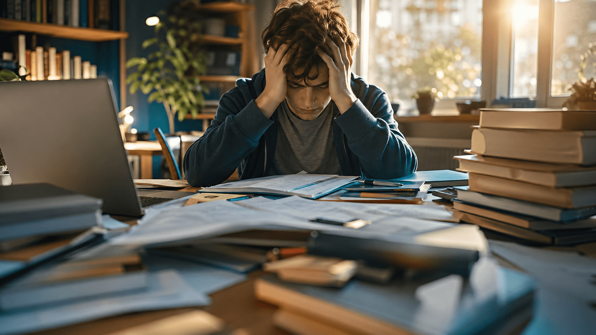 teen burnout and purpose — overwhelmed teenager at a desk with books, discovering how purpose restores direction and resilience