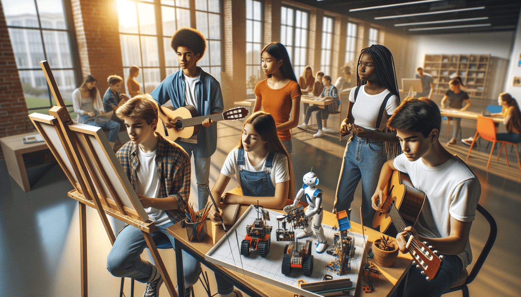 teen extracurricular purpose - diverse teenagers engaged in painting, music, robotics, and sports in a bright modern community center