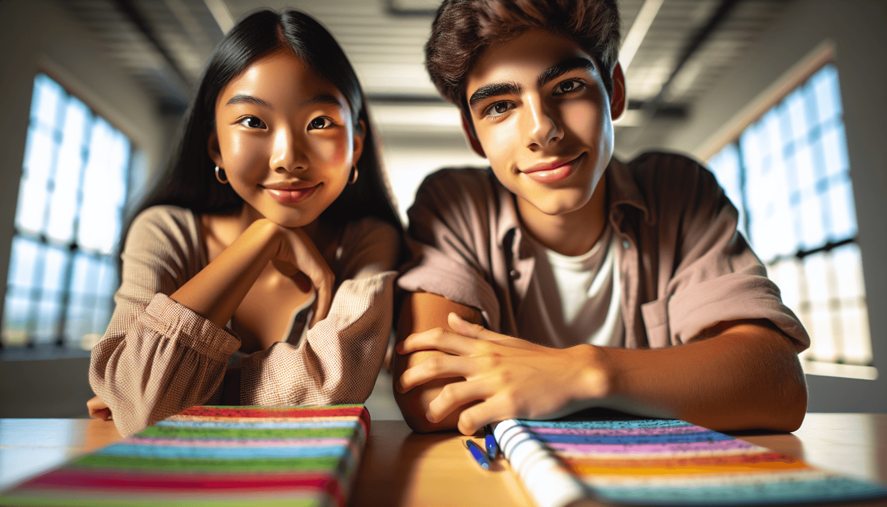 teen goal setting - two teenagers smiling confidently while planning goals in colorful journals at a bright modern desk