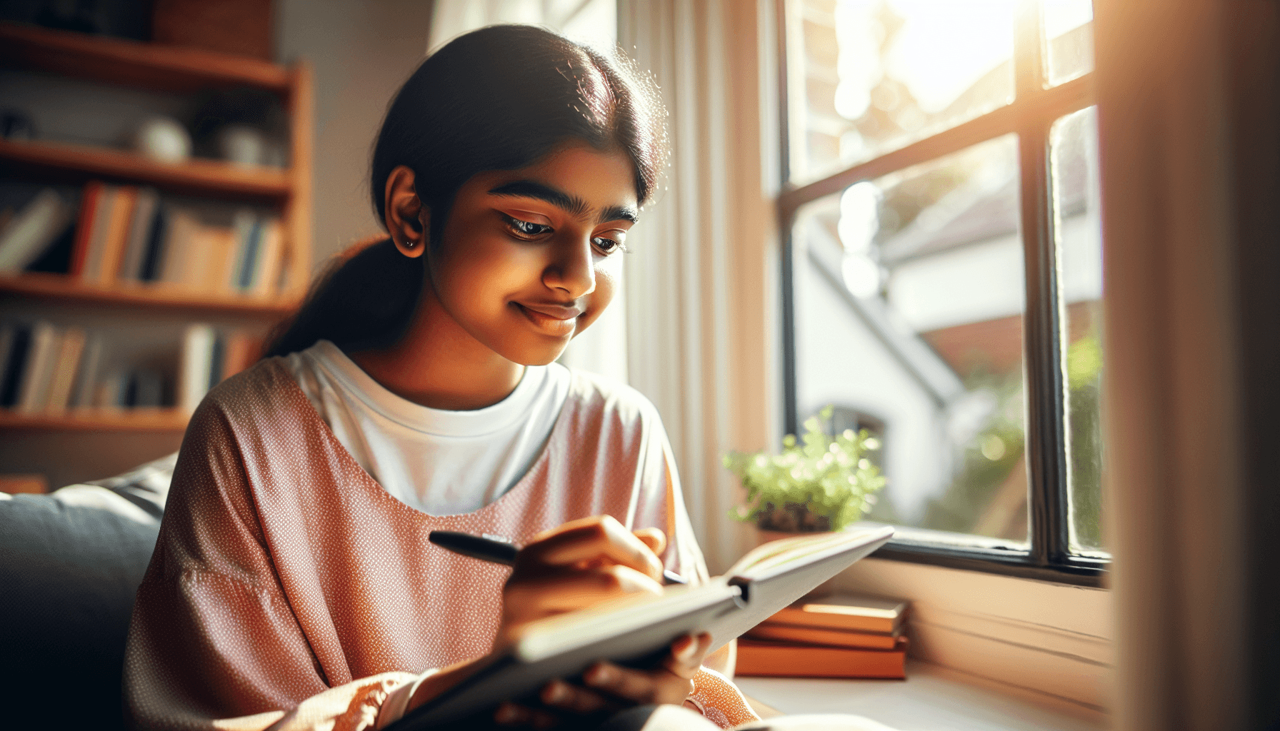 teen journaling - teenager writing thoughtfully in a journal by a sunny window with a hopeful expression