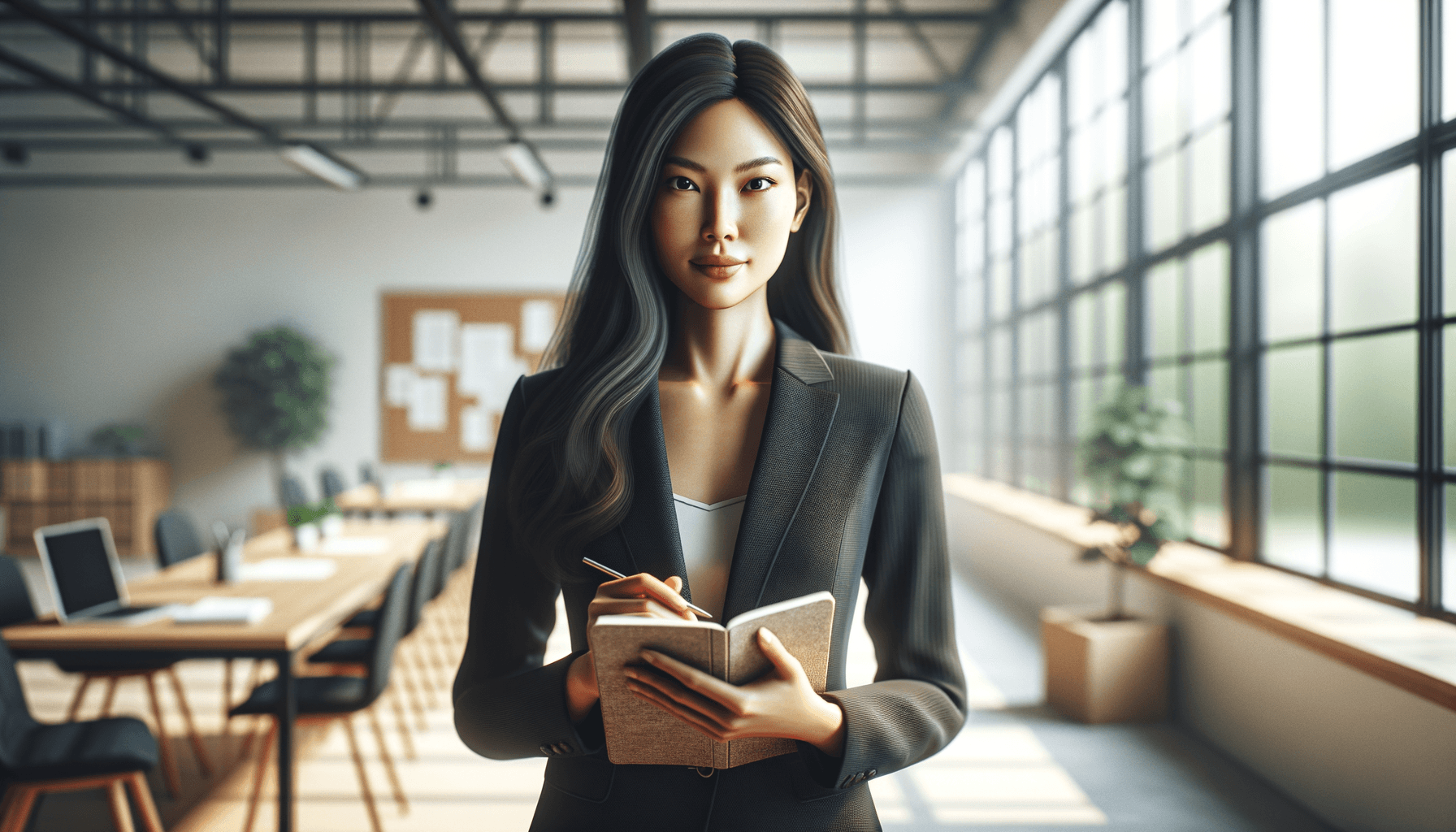 values-based career goals - confident professional woman holding a notebook near a bright window looking ahead with purpose