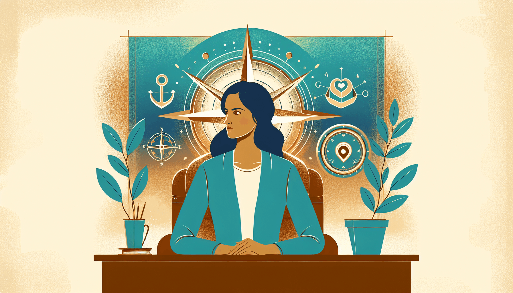 Work values alignment - person at desk with compass and purpose symbols representing career direction and values-based decision making